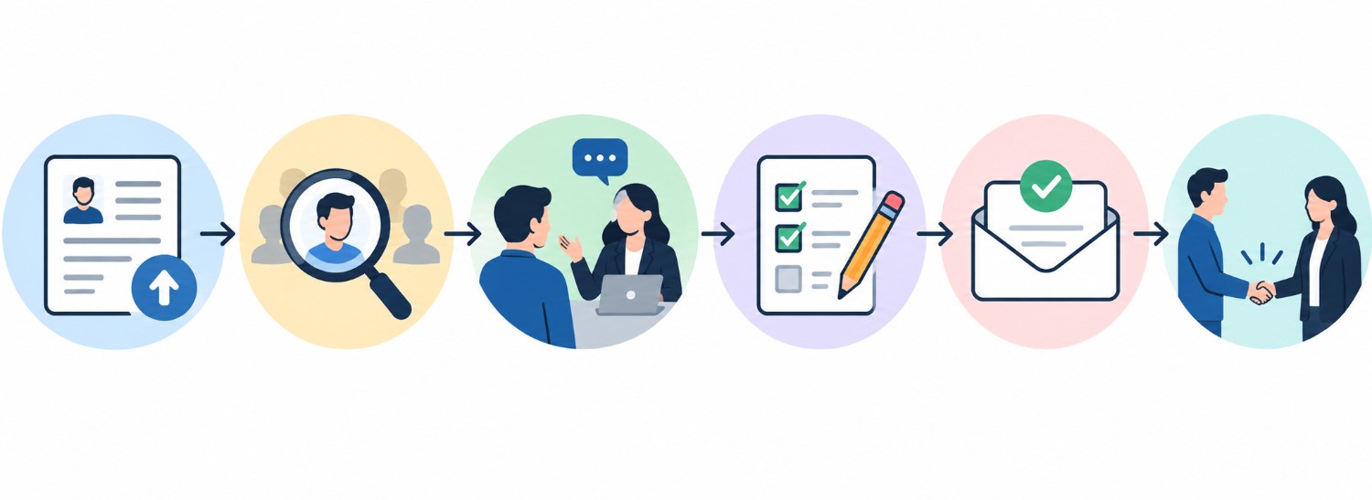 MiM-Essay hiring process showing application, candidate screening, interview, assessment, job offer and onboarding stages.